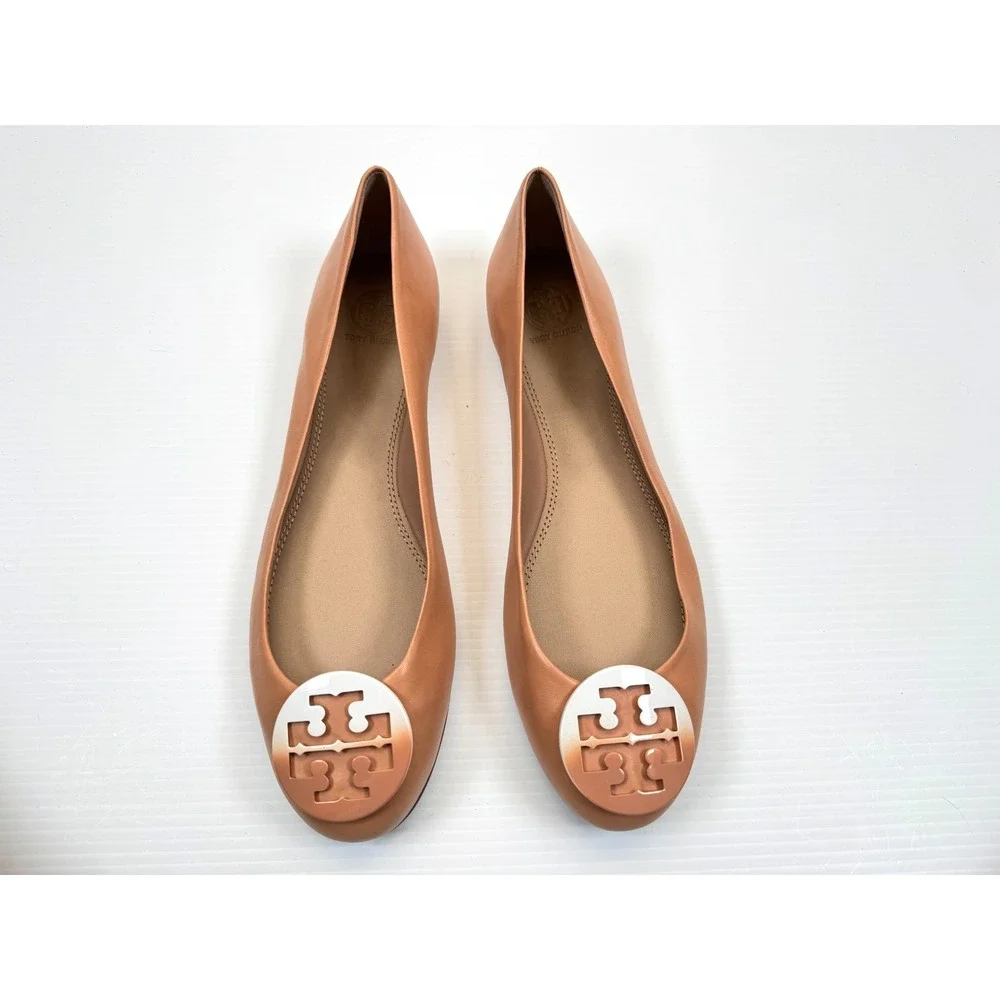 Tory Burch Claire‎ Travel Ballet Flats Women 11M NWOB Leather Dip-Dye Logo Tan